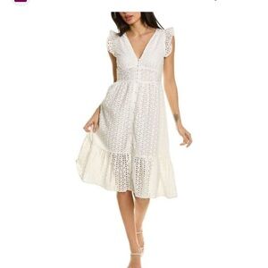 OPT Natasha S white cotton ruffle detail V neck woman midi dress cottagecore